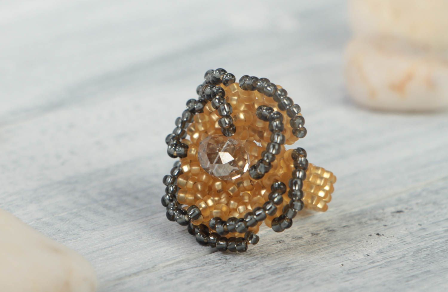 Handmade beaded ring yellow designer accessory beautiful flower jewelry photo 1