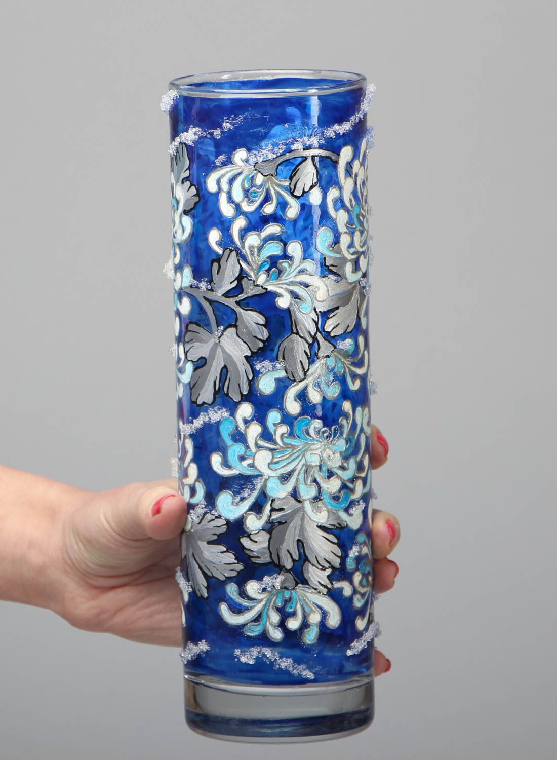 11 inches blue tube shape glass vase with floral décor 1,3 lb photo 3
