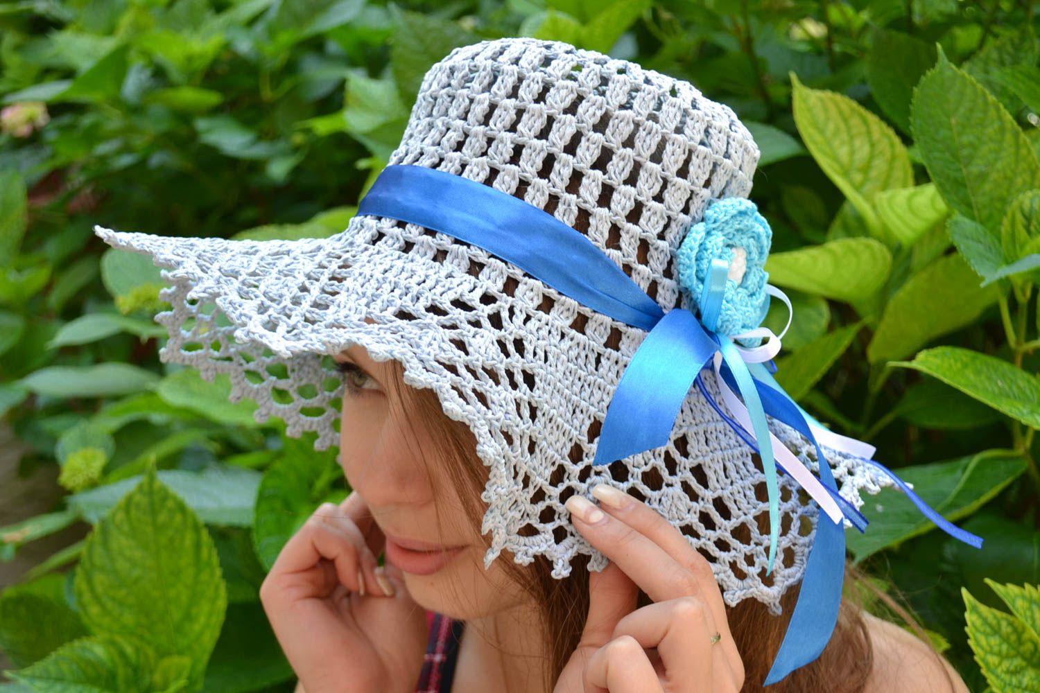 Handmade cotton crocheted lacy light summer hat with blue ribbon for women photo 1