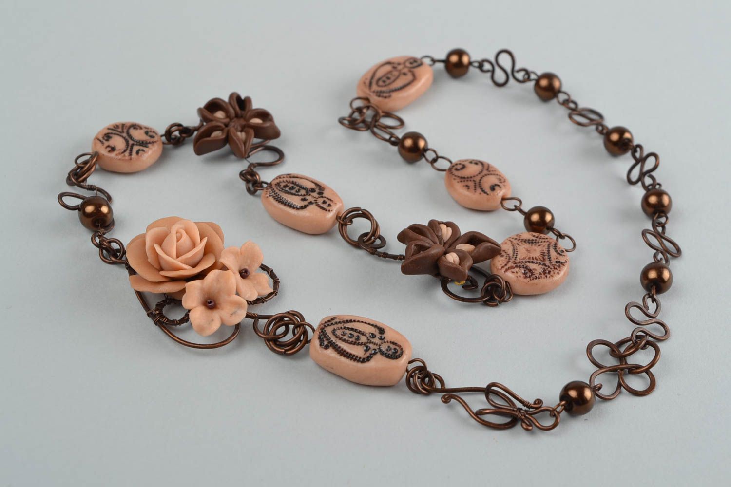 Beautiful handmade wire wrap necklace with polymer clay flowers photo 5