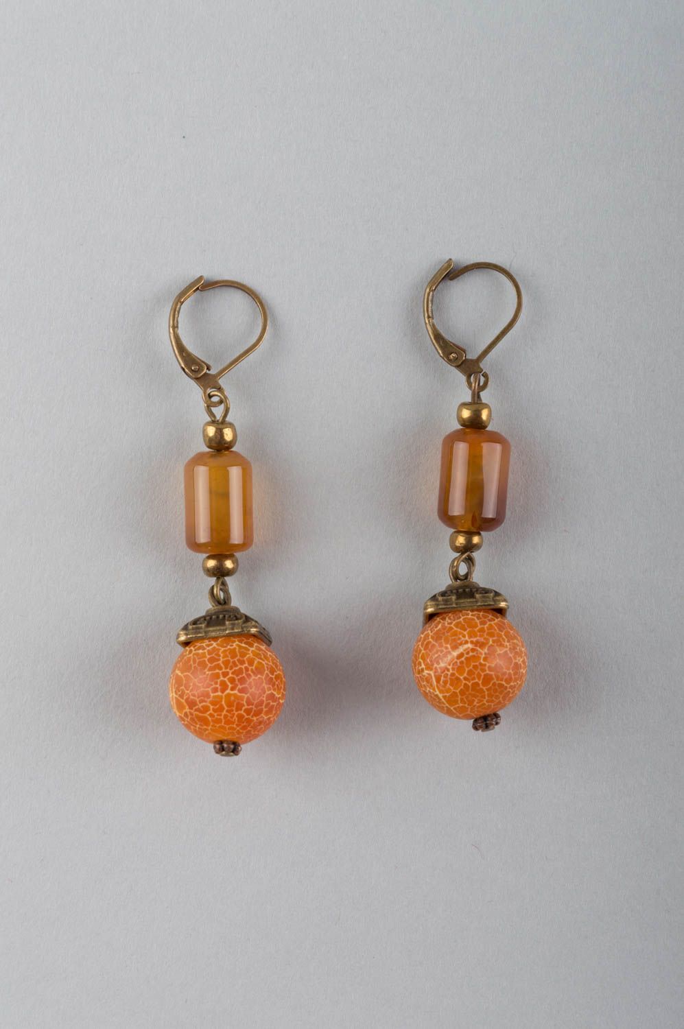 Refined handmade designer brass earrings with orange natural agate stone beads photo 2