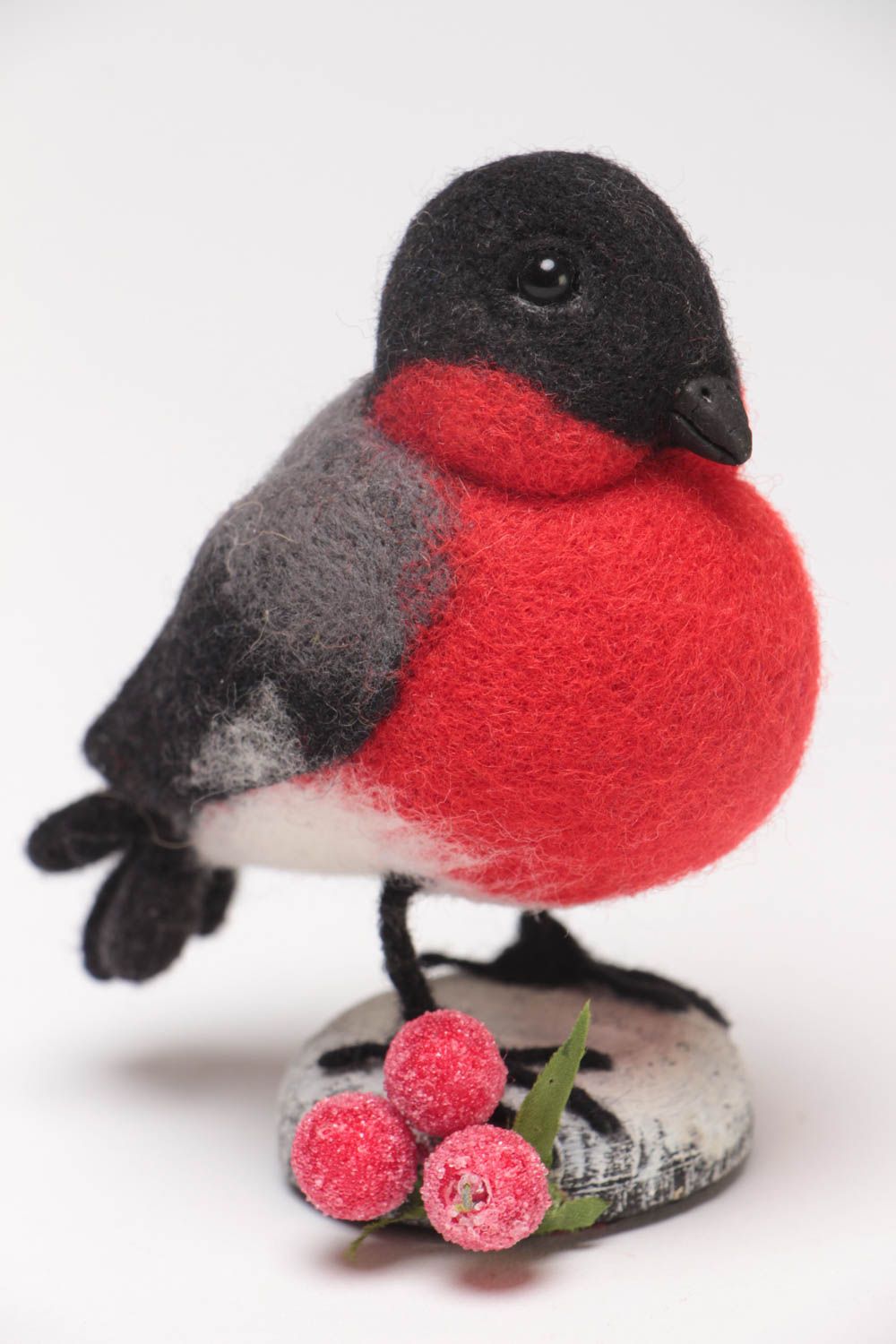 Handmade needle felted natural woolen figurine of bullfinch for table decor photo 2