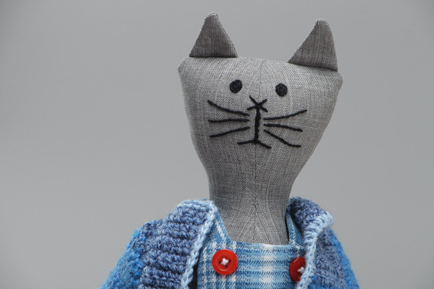 Handmade soft toy sewn of cotton cute gray cat in crocheted blue jacket photo 3