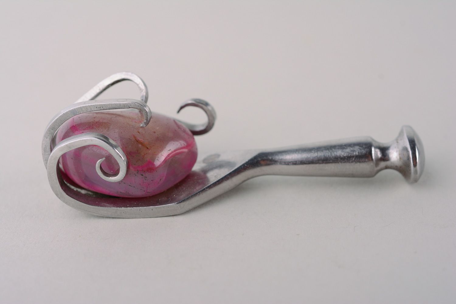 Handmade metal fork pendant with pink stone photo 2