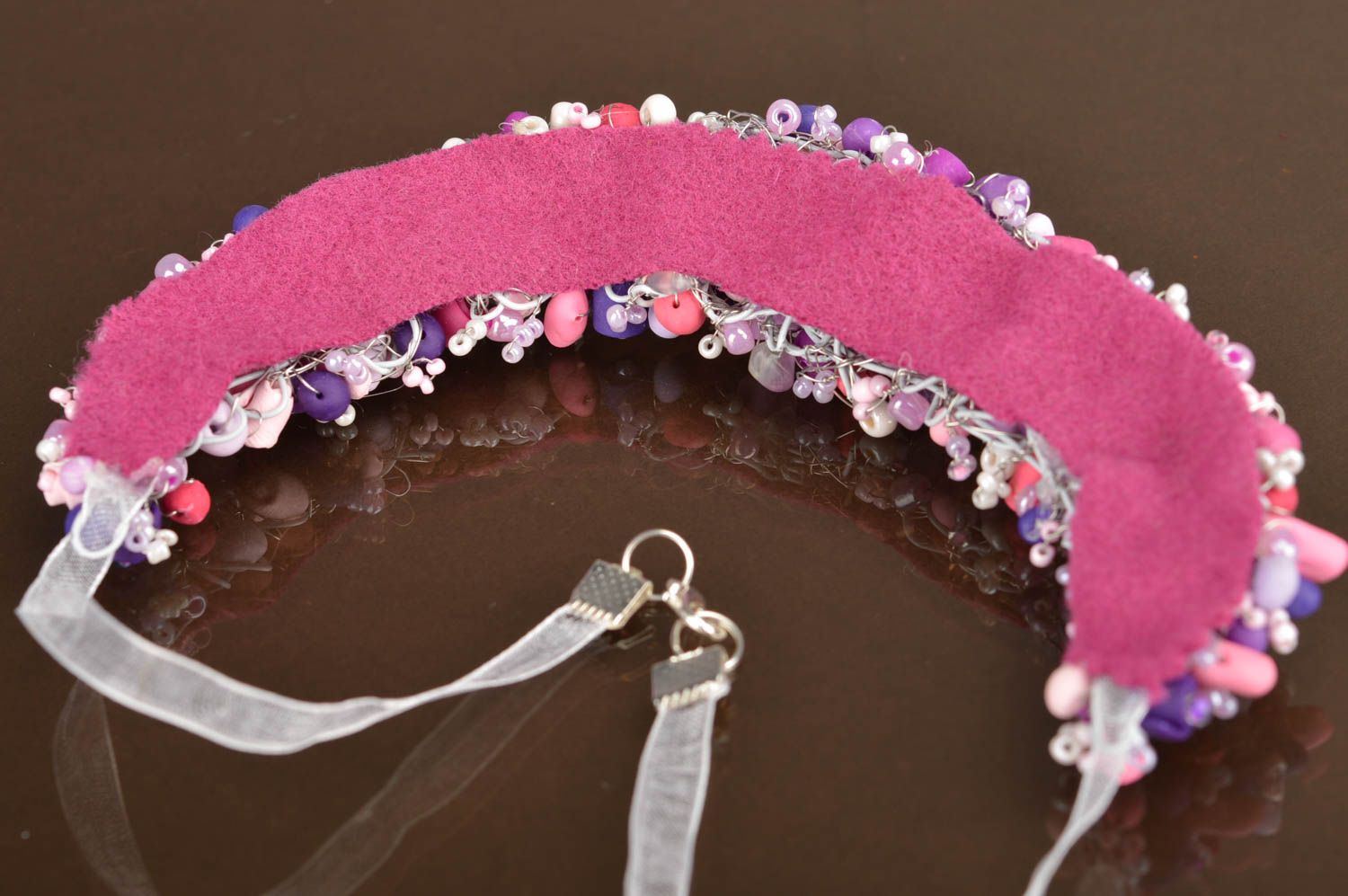 Handgemachtes Glasperlen Collier aus Polymer Ton und Band mit Blumen für Damen foto 5
