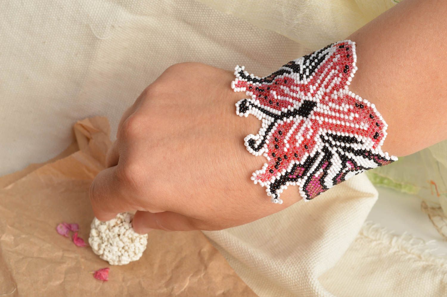 Handmade designer wide bead woven wrist bracelet with butterfly ornament photo 1