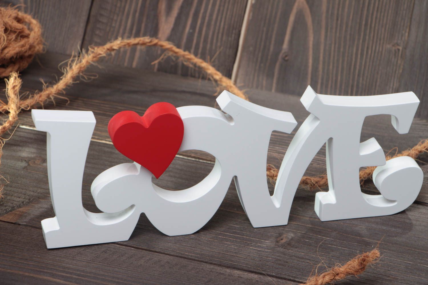 Handmade decorative white plywood word Love painted with acrylics with red heart photo 1