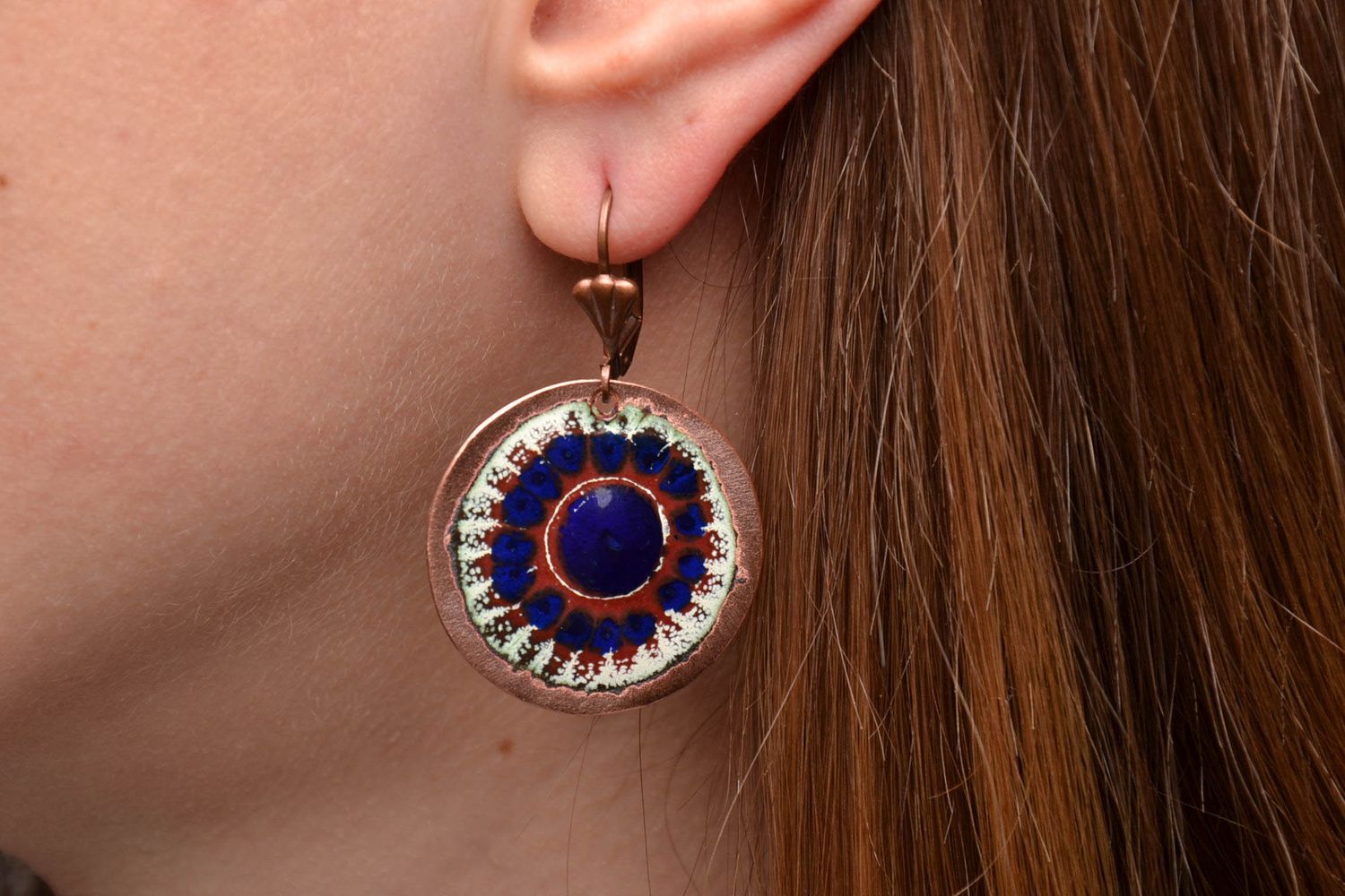 Handmade copper earrings with enamel Sinevir photo 2