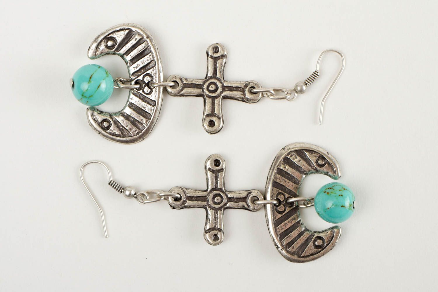 Long handcrafted earrings designer turquoise metal accessories women gift idea photo 3