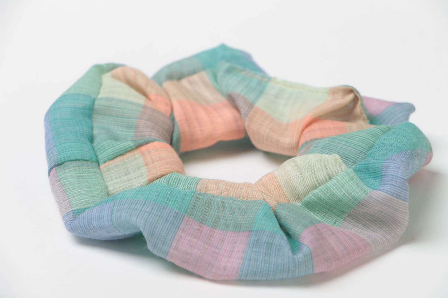 Handmade volume decorative hair tie sewn of fabric of pastel color shades photo 3