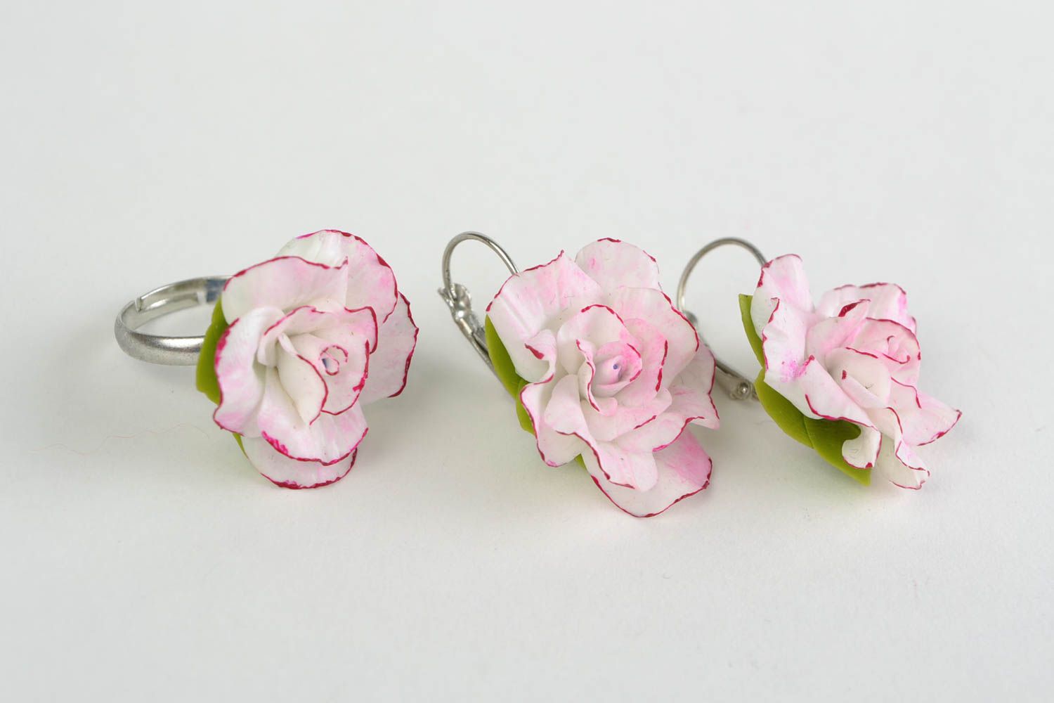 Gentle pink handmade cold porcelain flower jewelry set 2 items earrings and ring photo 2