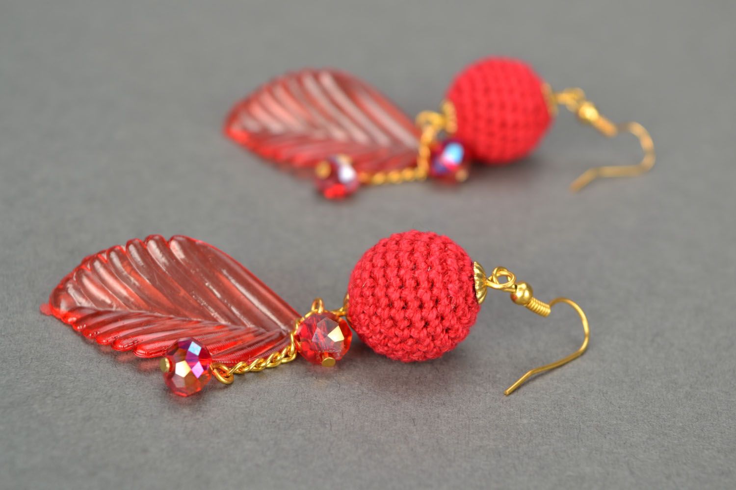 Homemade long crochet earrings Red Autumn photo 1