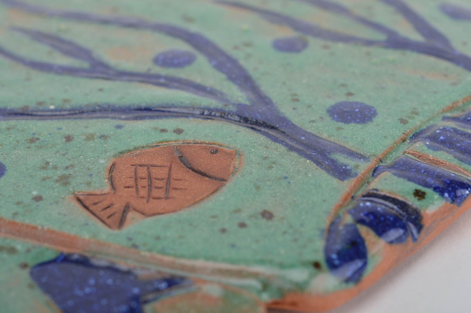 Beautiful blue handmade designer ceramic interior hanging Fish wall panel photo 4
