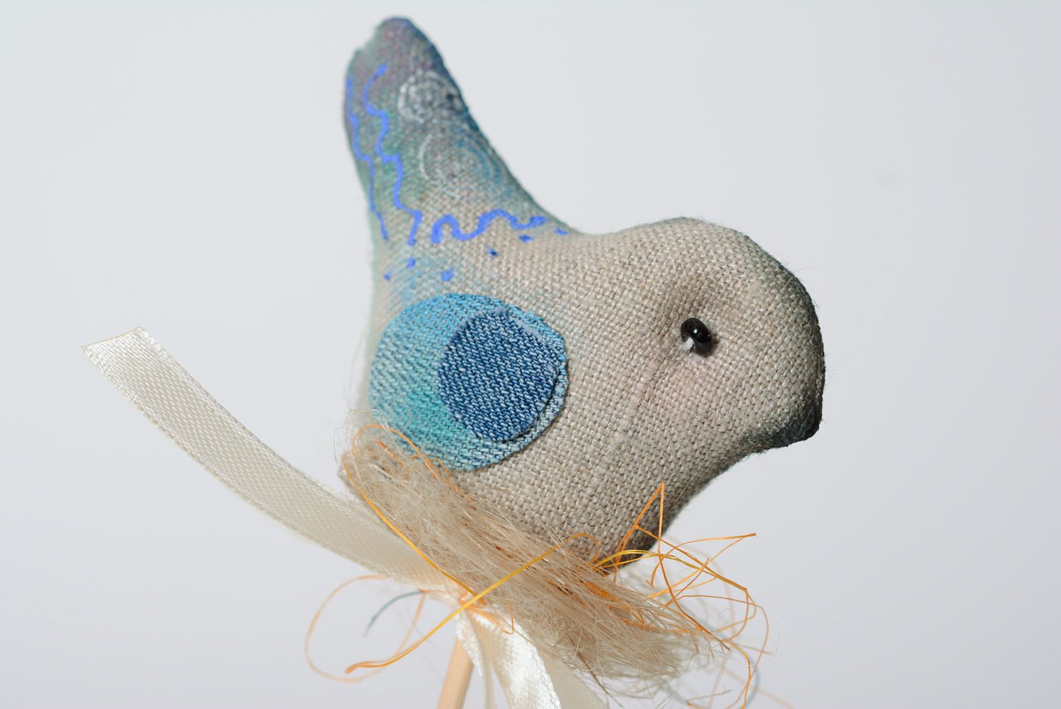 Handmade Spielzeug auf einem Stab für Blumentopf Vogel aus Leinenstoff wunderbar foto 2