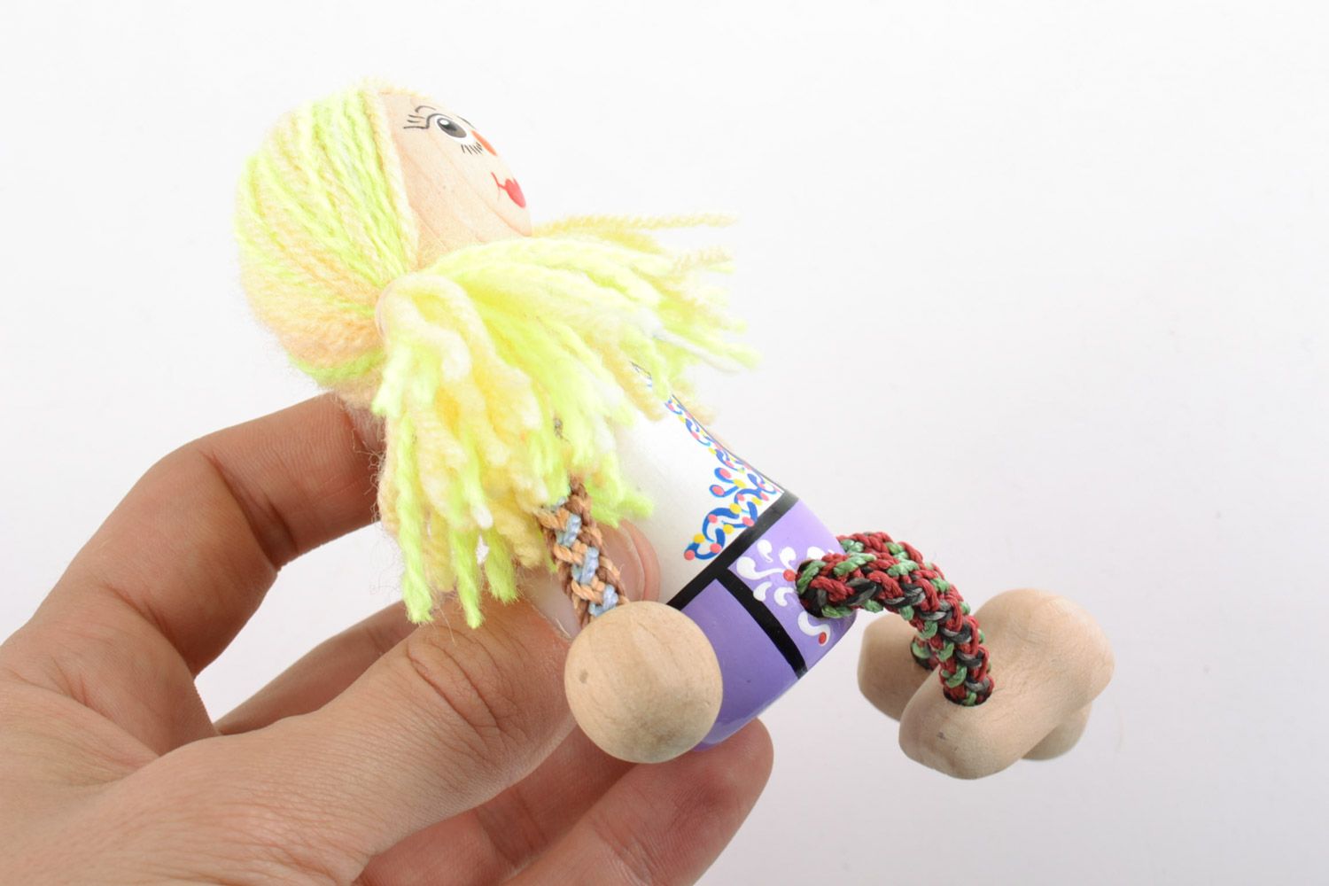 Unusual handmade painted wooden eco toy girl with thread arms and legs photo 2