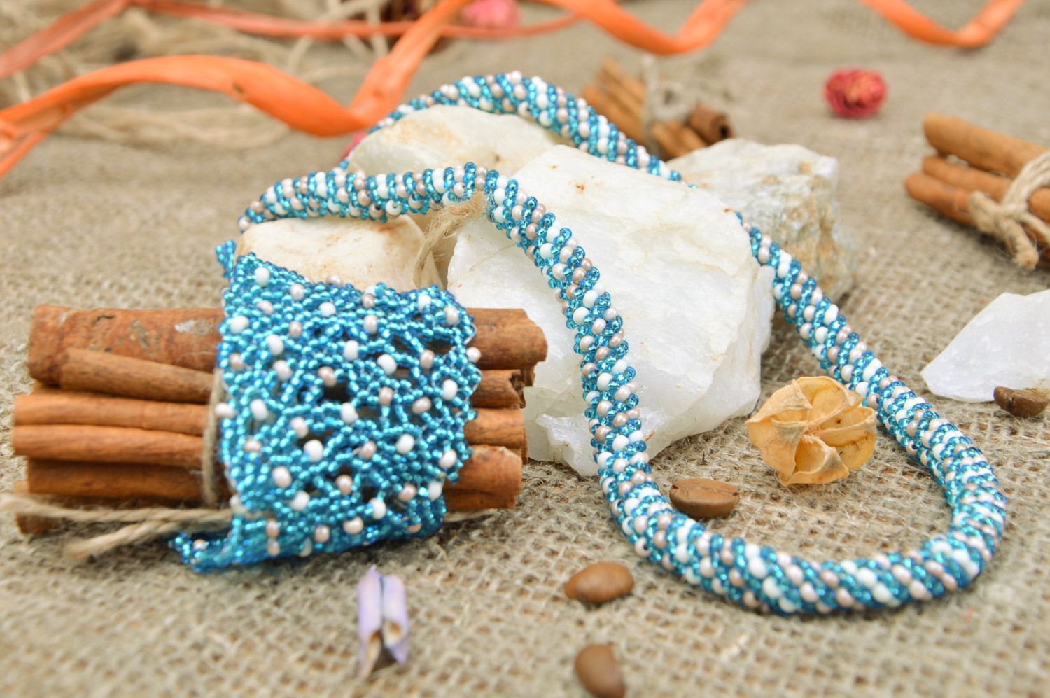 Handmade beaded jewelry set 2 items necklace and wrist bracelet in blue color photo 1