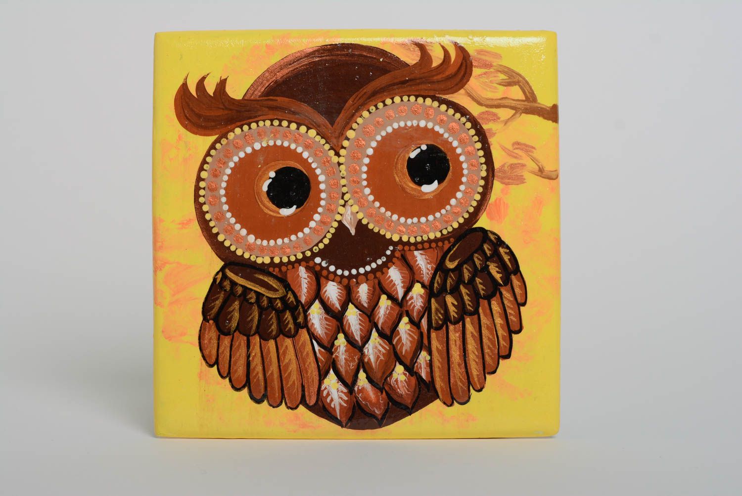 Square handmade painted MDF wall panel for interior decor Owl photo 1