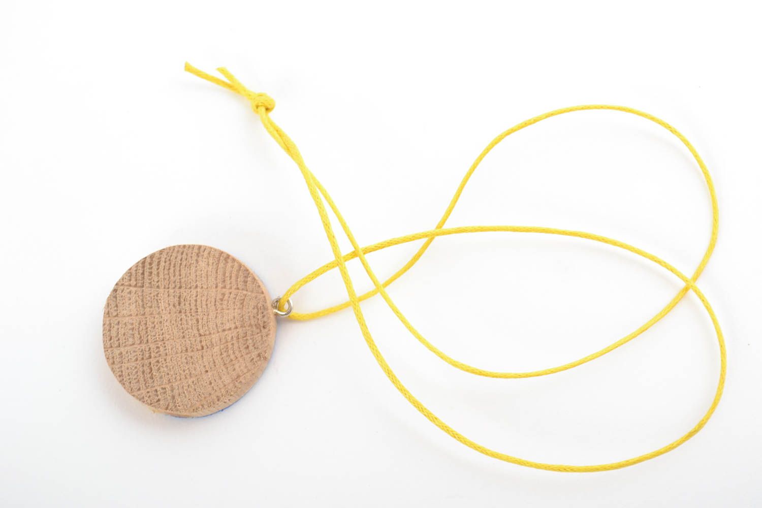Round wooden pendant with epoxy on long cord yellow and blue handmade jewerly photo 3