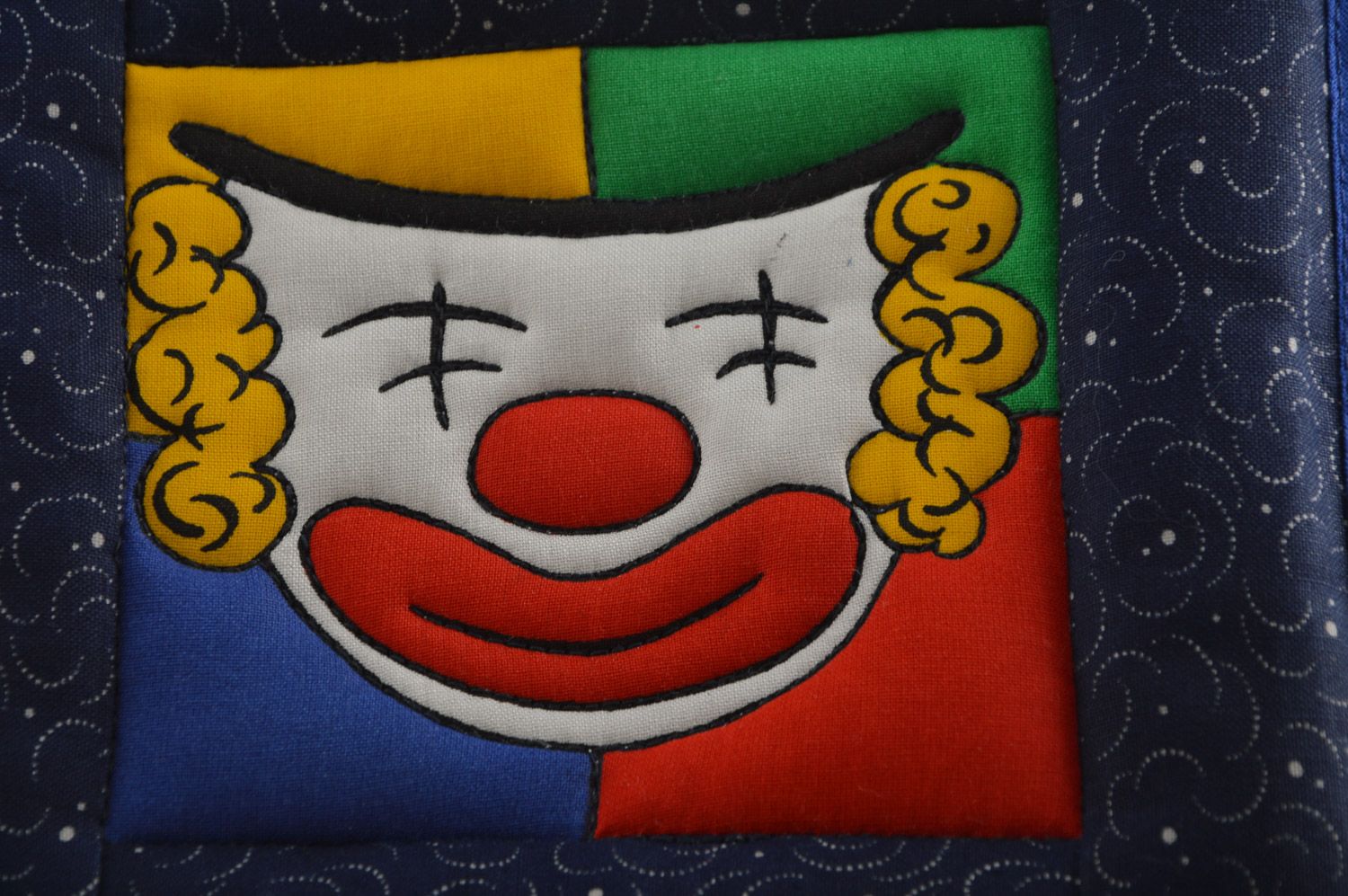 Homemade colorful hot pot holder sewn of cotton fabric with eyelet Clown  photo 3