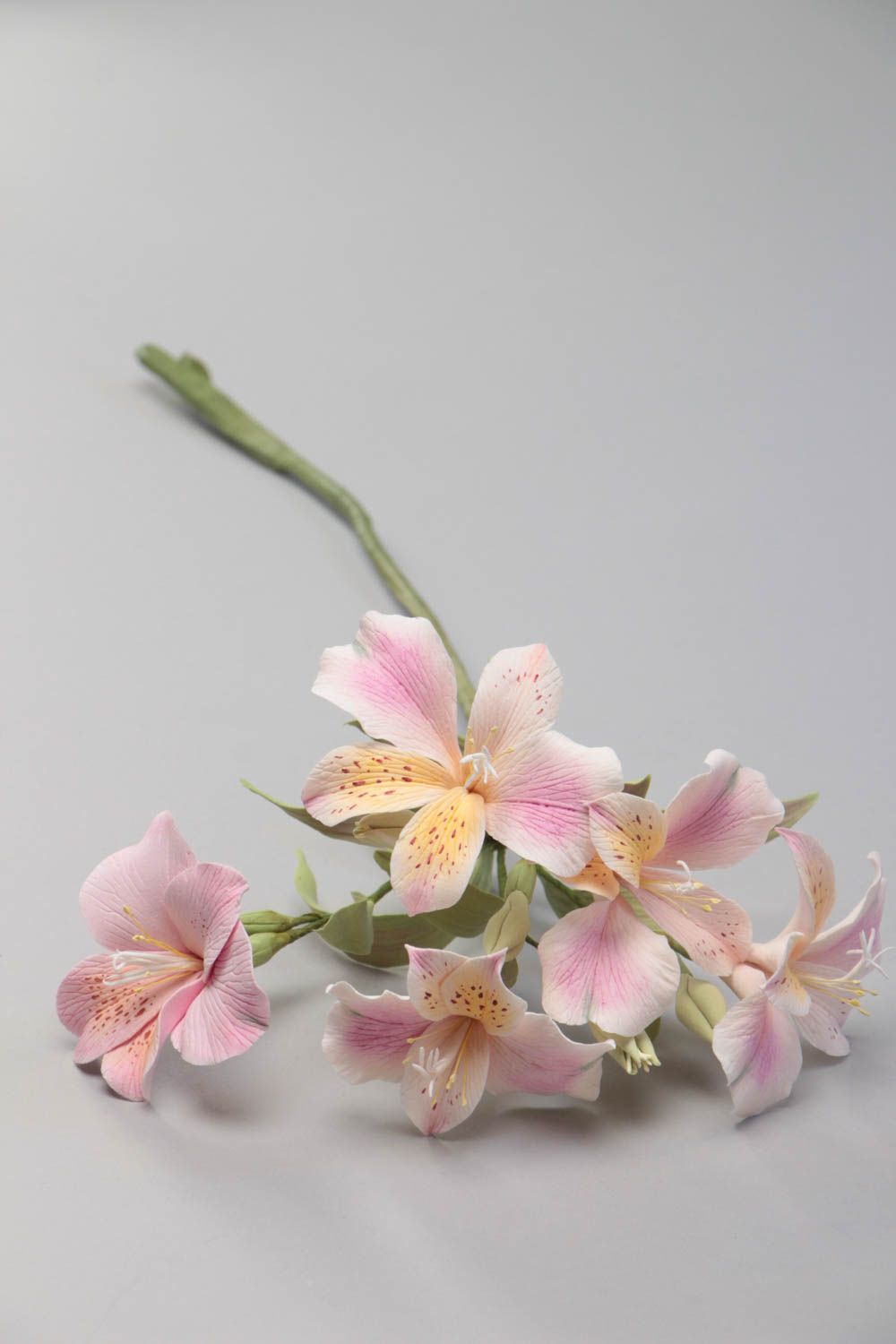 Unusual beautiful handmade polymer clay flowers for home decor Pink Alstroemeria photo 2