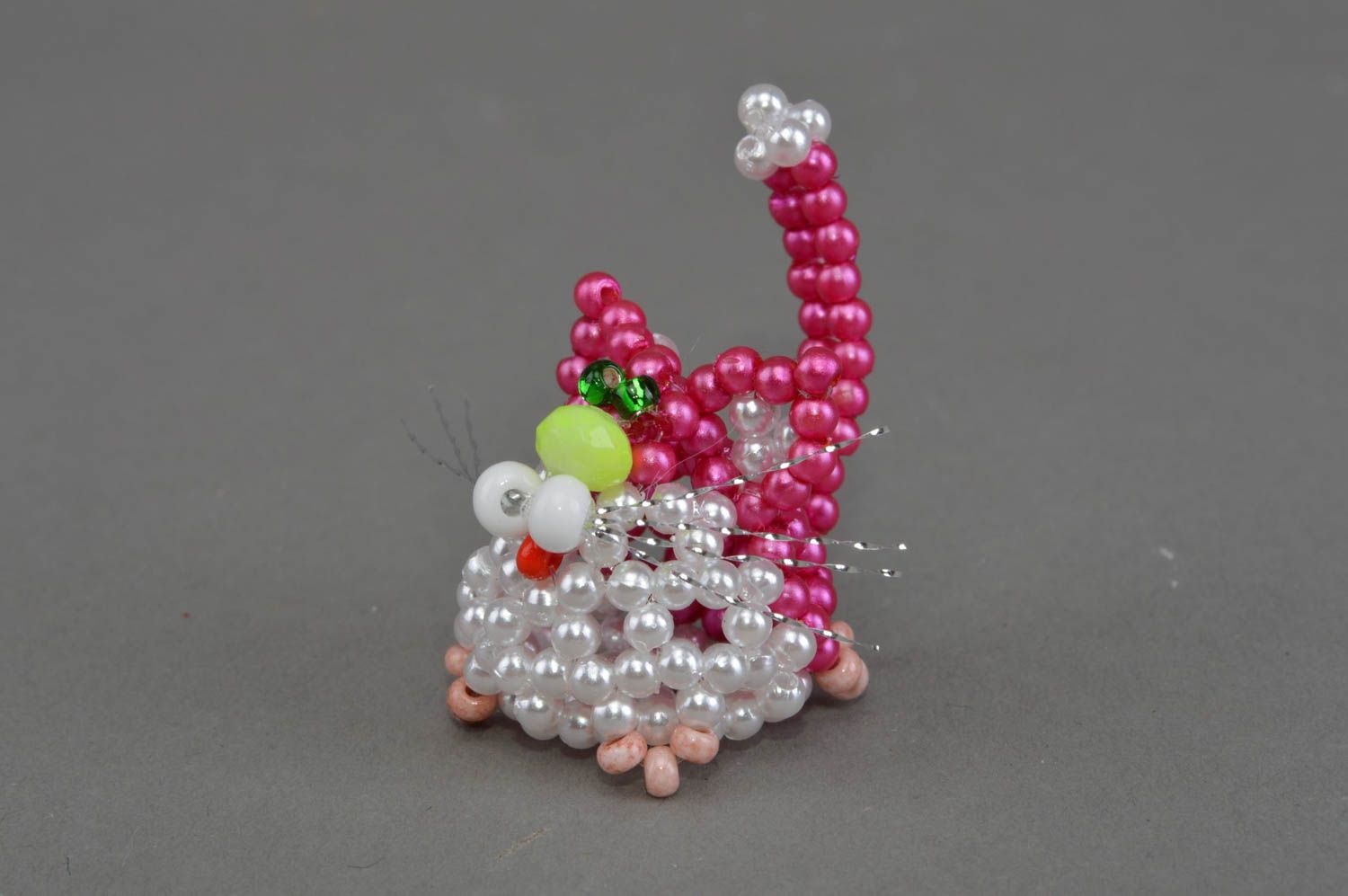 Small handmade decorative beaded statuette of cat of crimson color for gift photo 3