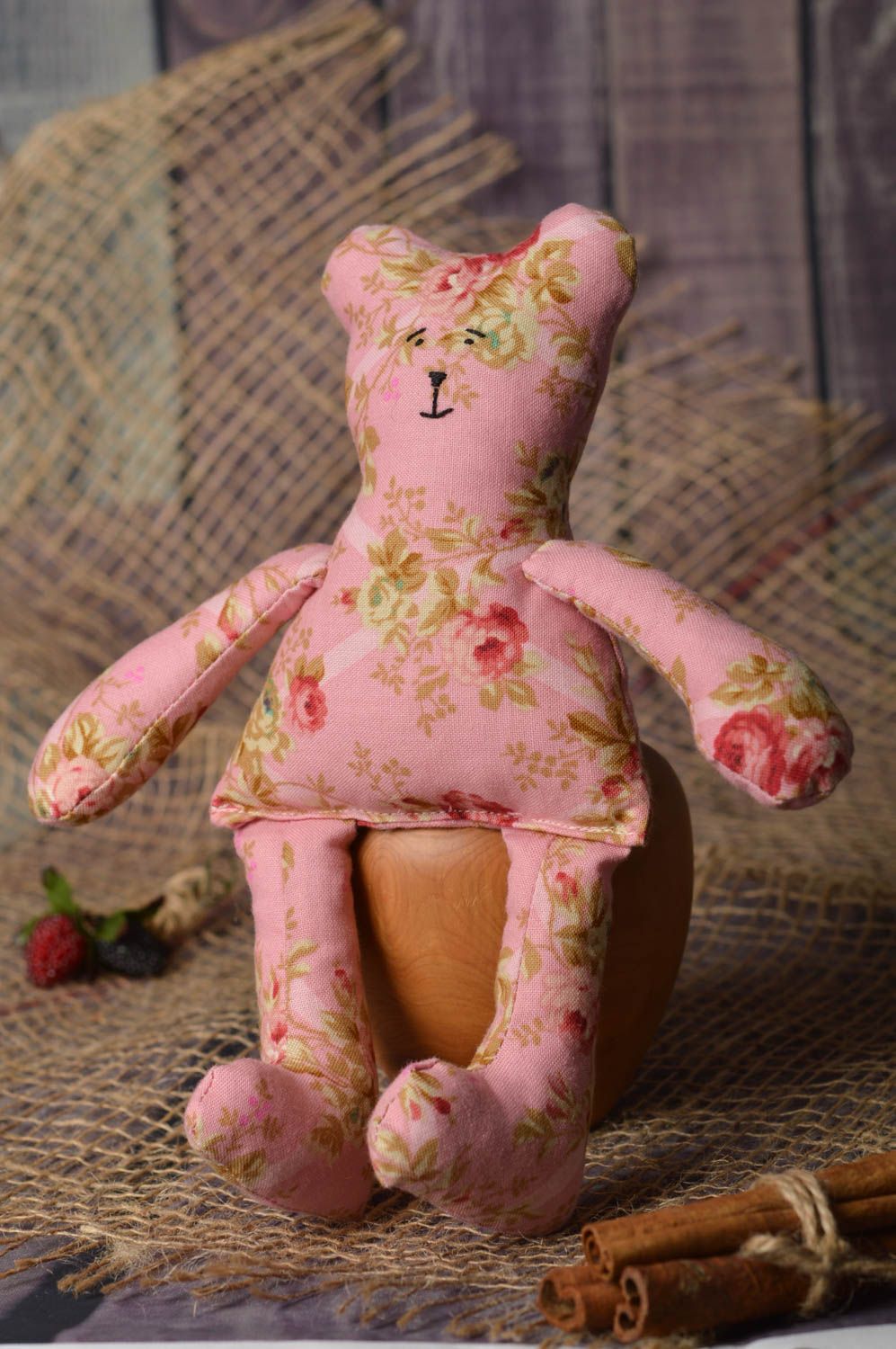Jouet fait main Peluche ourson mignon rose motif floral coton Cadeau enfant photo 1