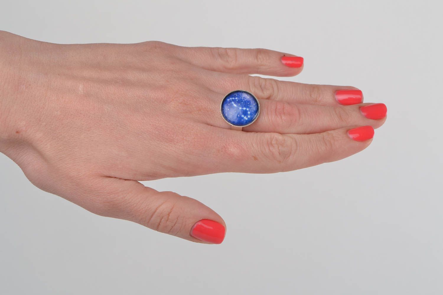 Handmade designer round top metal ring with glass element Scorpio zodiac sign photo 1