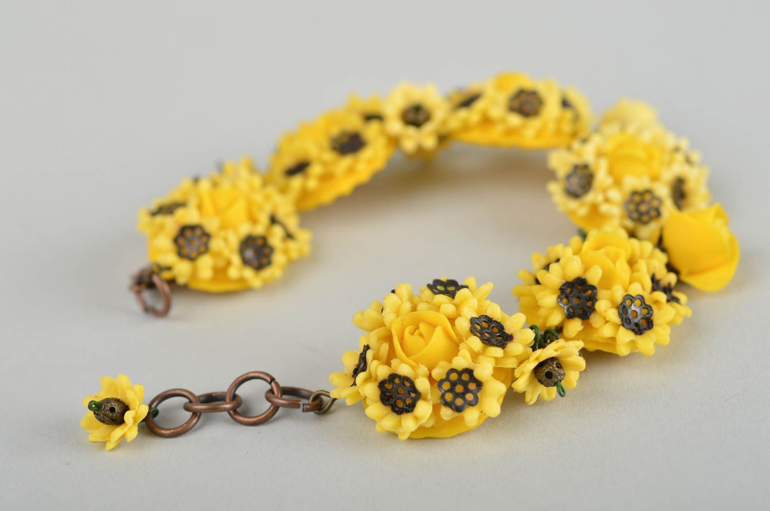 Handmade yellow bracelet polymer clay bracelet with flowers designer jewelry photo 3