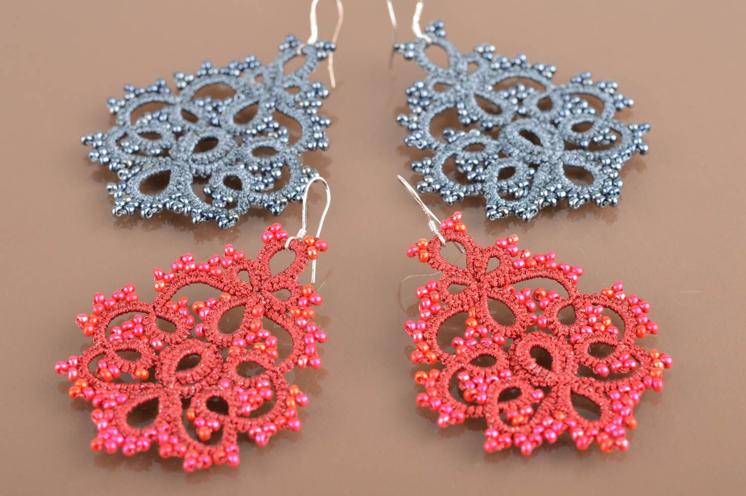 Set of handmade designer tatted lace earrings with beads 2 pairs for girls photo 2