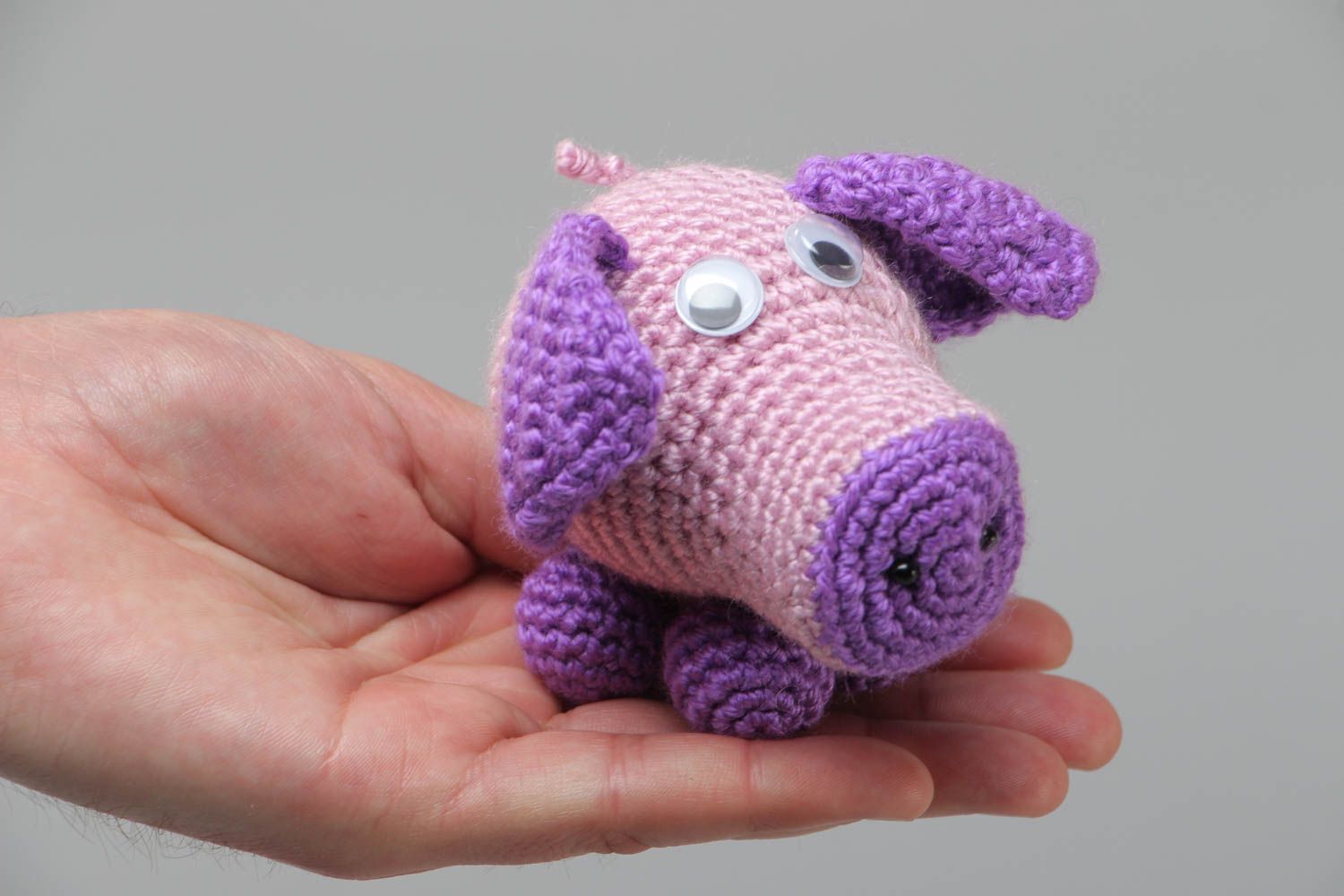 Handmade small soft toy crocheted of acrylic threads of violet color shades Pig photo 5