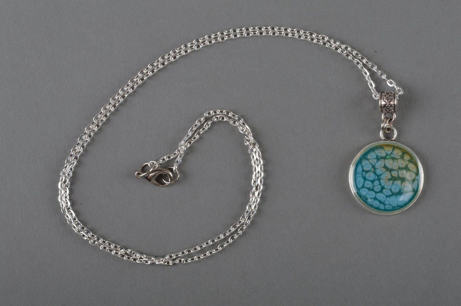 Unusual stylish blue handmade round neck pendant with long chain photo 1