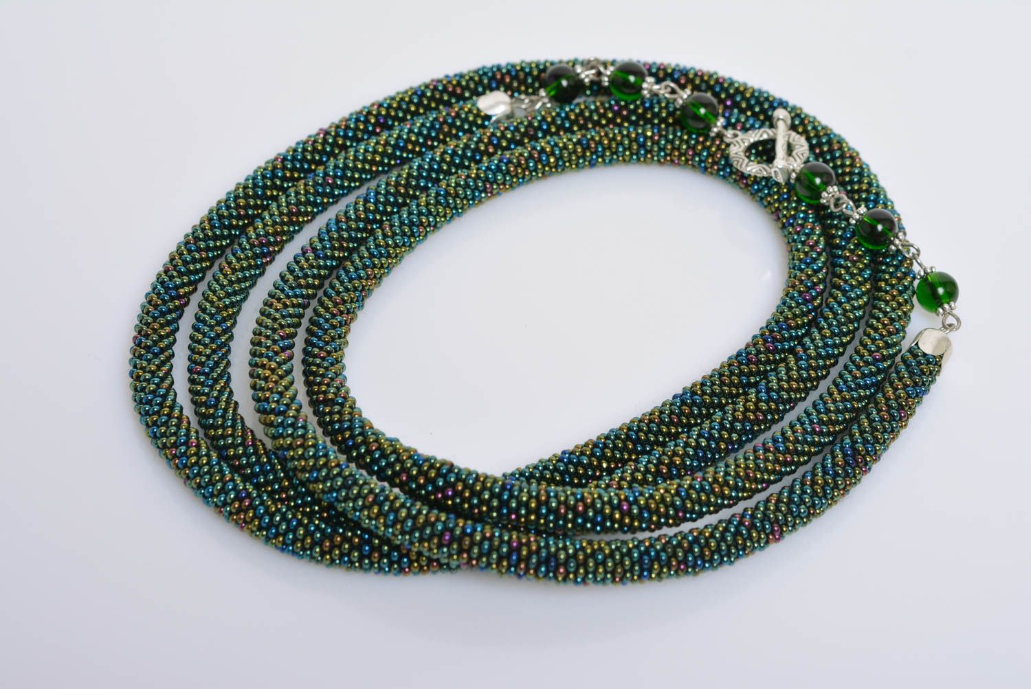 Collier lariat en perles de rocaille fait main vert original bijou transformable photo 2