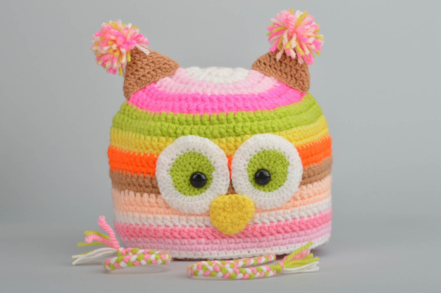 Unusual handmade beautiful crocheted cap in shape of owl on strings for kids photo 2