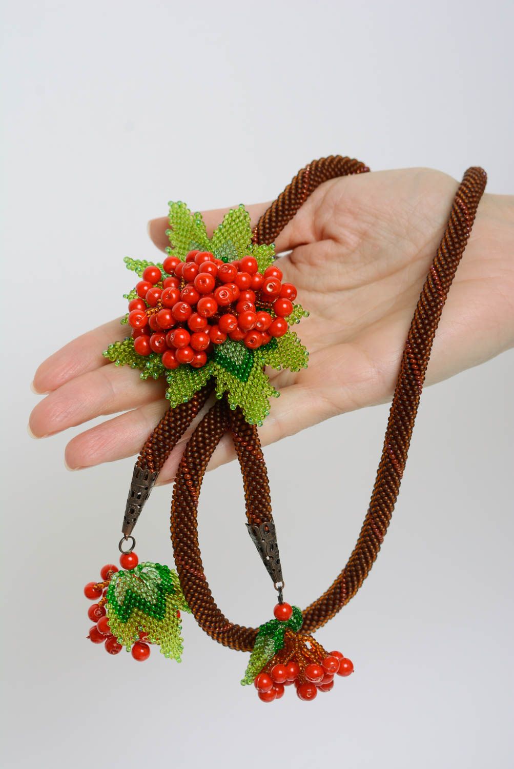 Beautiful handmade designer beaded cord necklace with flower brown and red photo 4