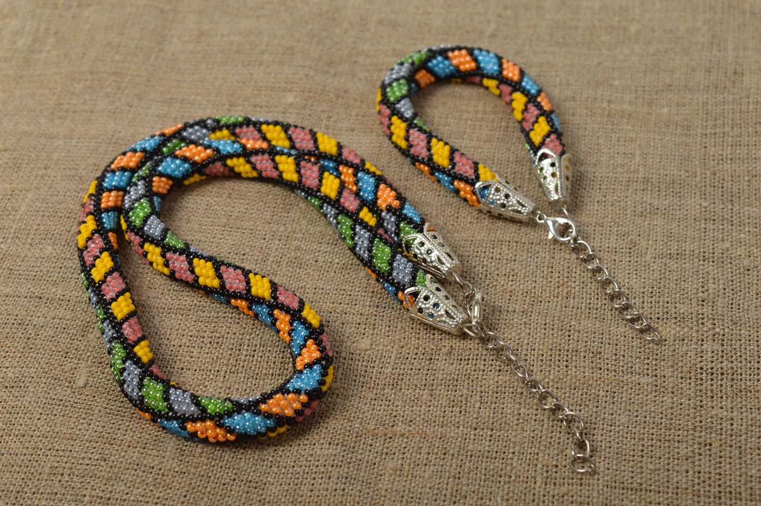 Designer handmade seed beaded cord necklace and bracelet unique jewelry present photo 1