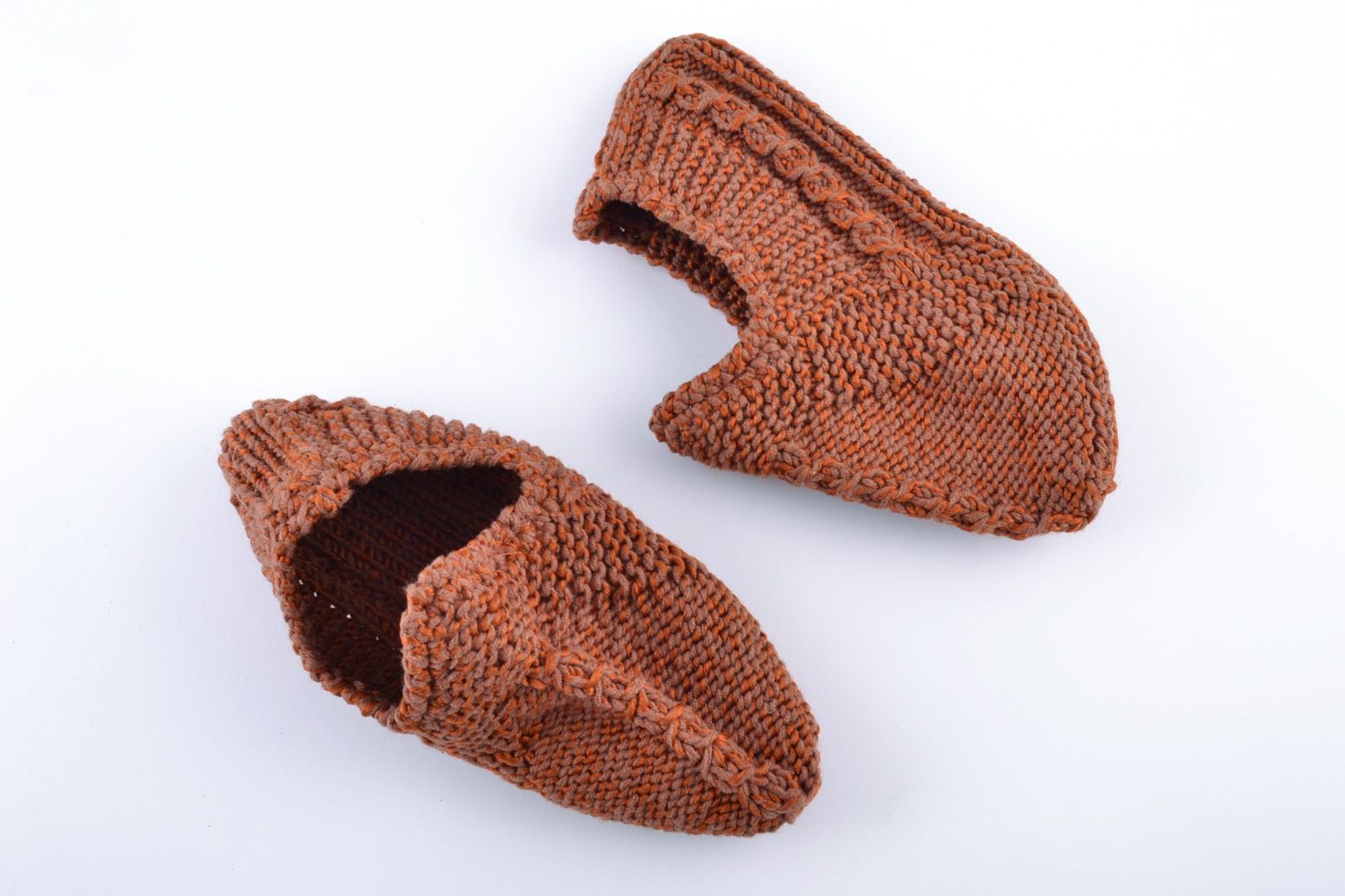Beautiful warm handmade knitted half-woolen slippers of brown color photo 4