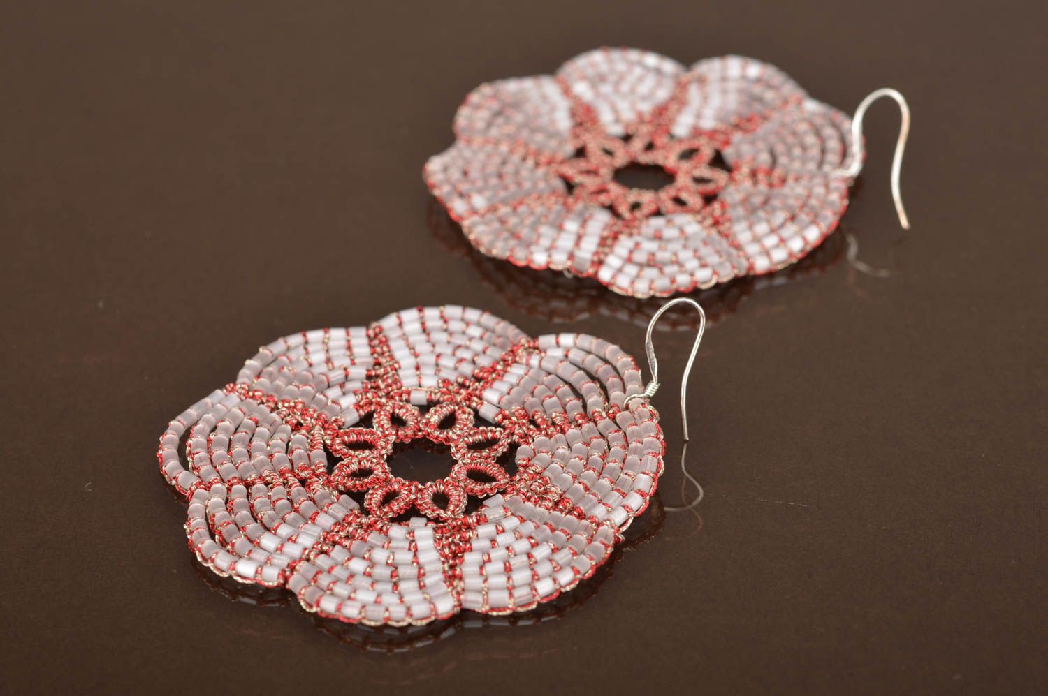 Vinous flower handmade earrings made using tatting technique with Czech beads photo 2