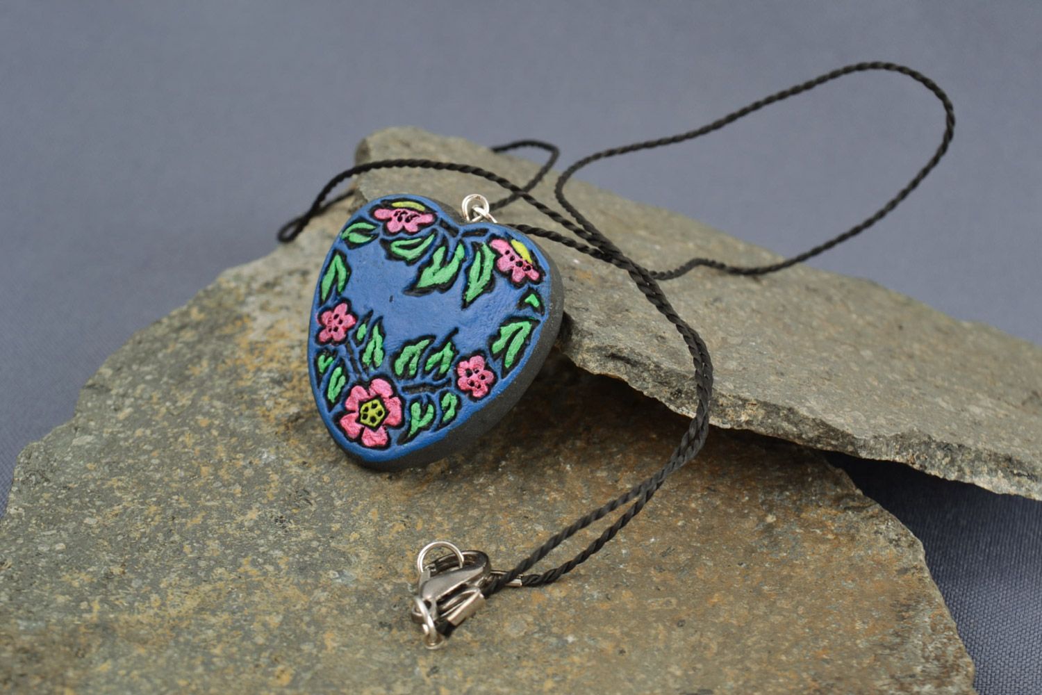 Heart shaped blue handmade painted clay neck pendant with black cord photo 1