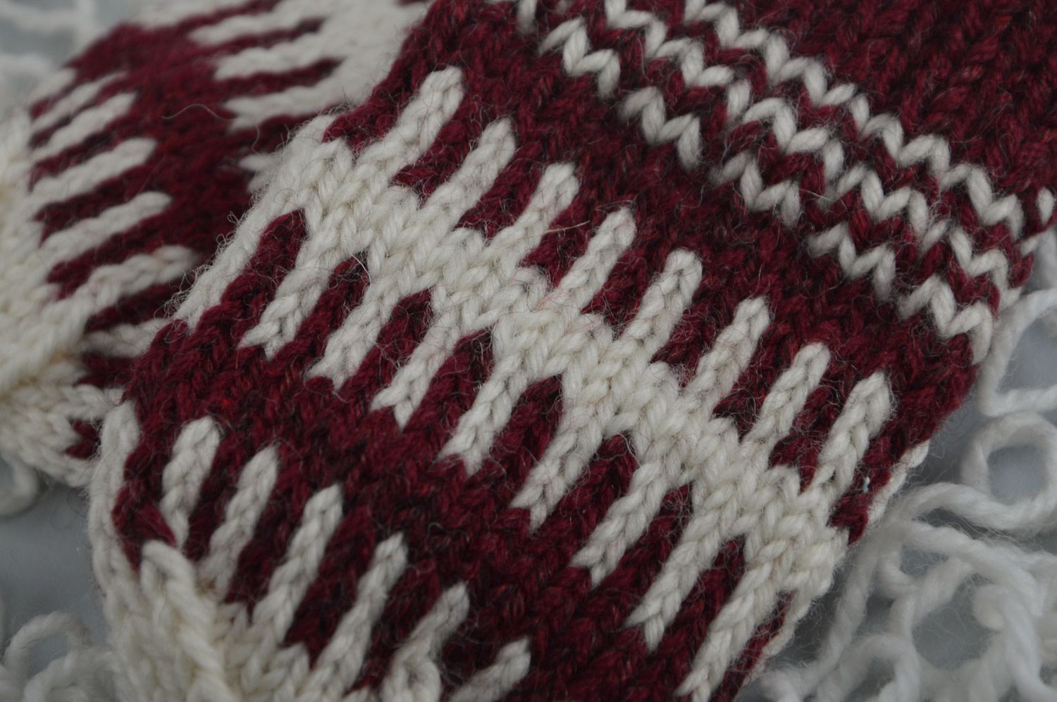 Dark red children's handmade knitted wool mittens for boy photo 2