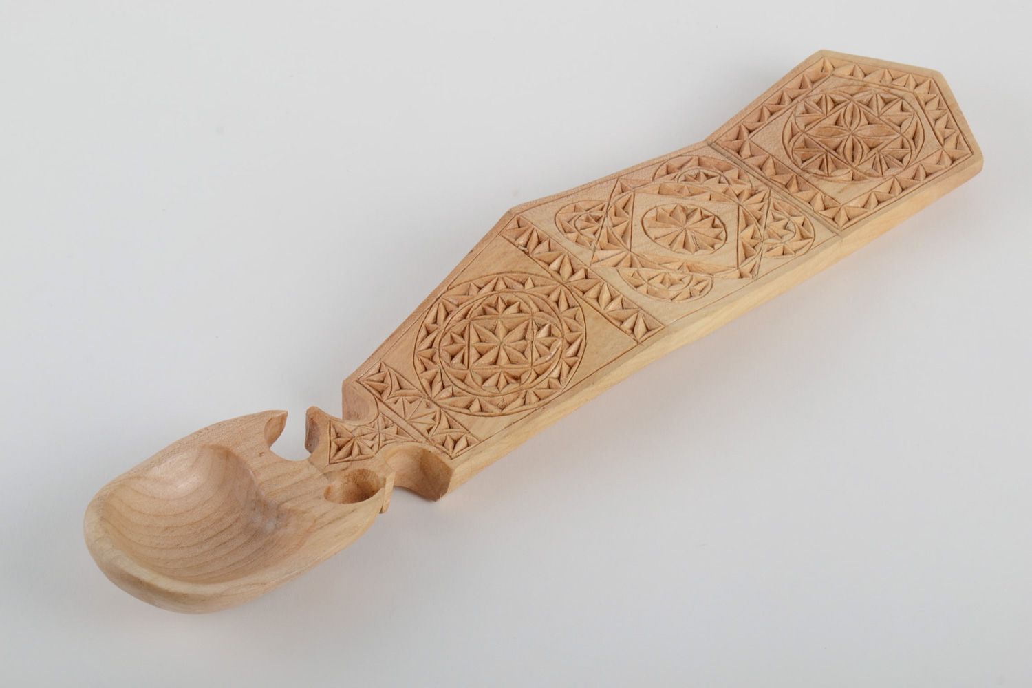 Handmade ethnic wall spoon carved of wood with fancy ornament for interior decor photo 2