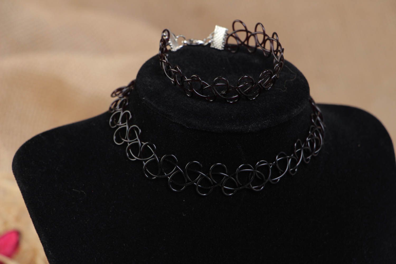 Unusual handmade woven jewelry set 2 pieces black tattoo choker necklace and bracelet photo 1