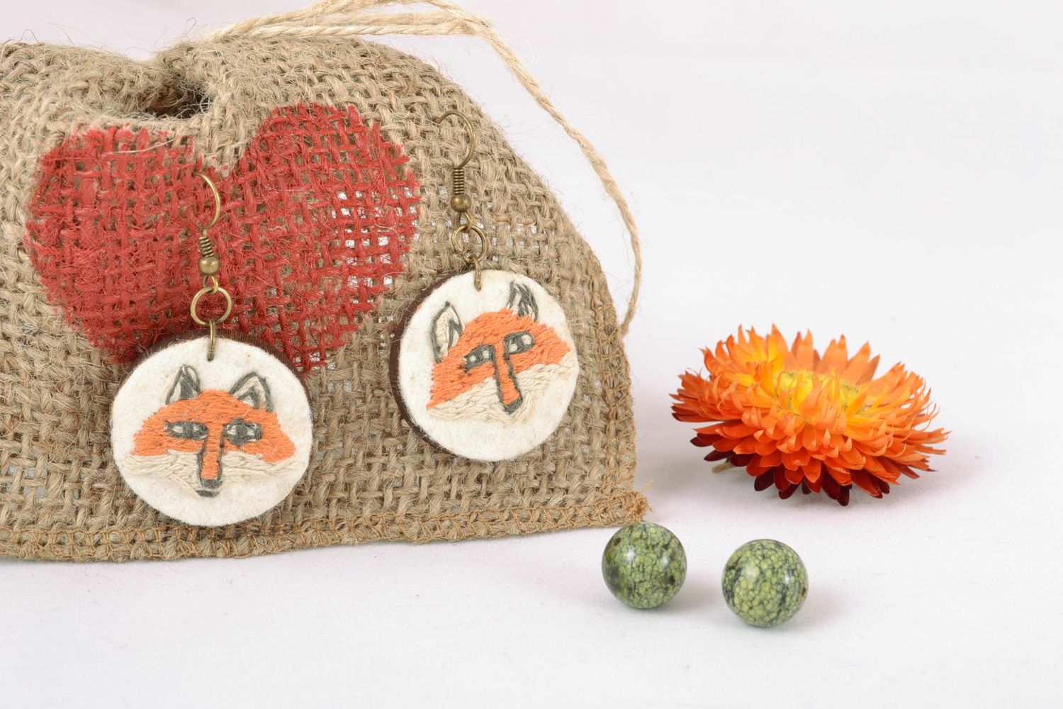 Handmade earrings with embroidery Fox photo 1