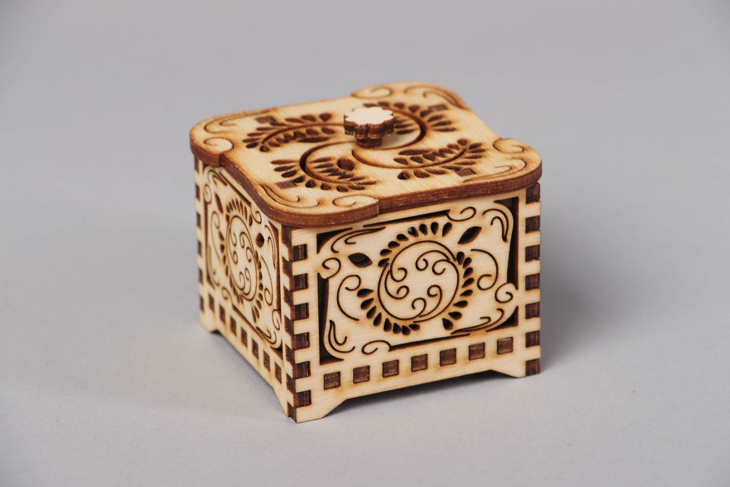 Hand carved wooden jewelry box with ornaments photo 1