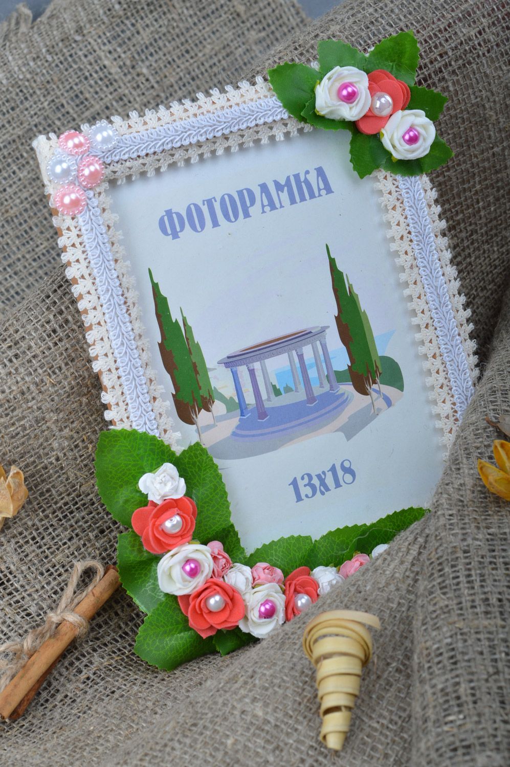 Handmade rectangular tender wooden photo frame with flowers for table decoration photo 1