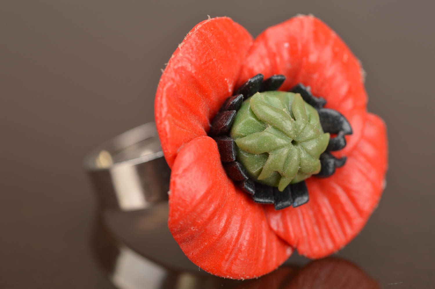 Handmade extravagant metal-based ring made of polymer clay in form of red poppy photo 4