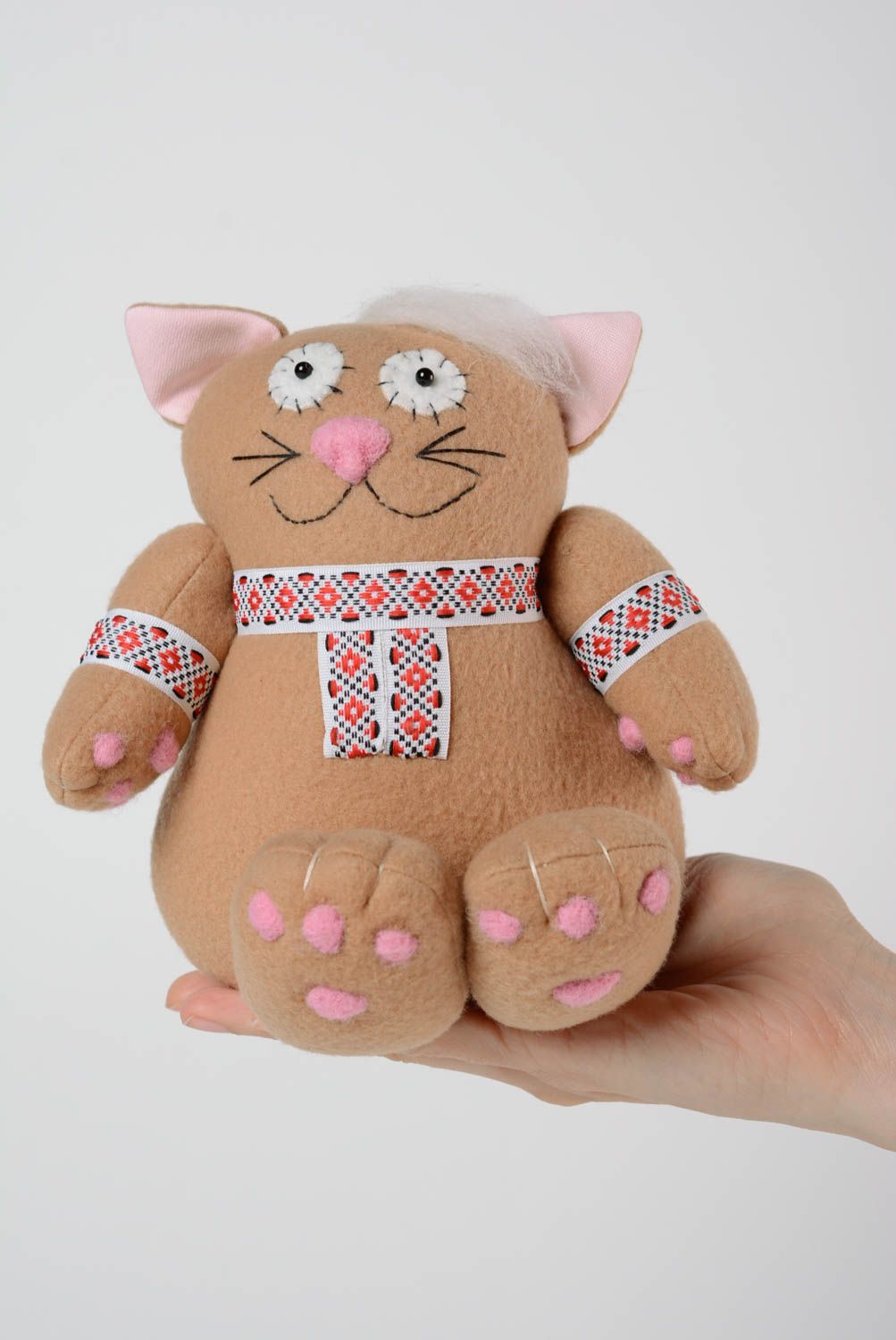 Handmade fleece fabric soft toy brown cat with ornamented braid for children photo 5