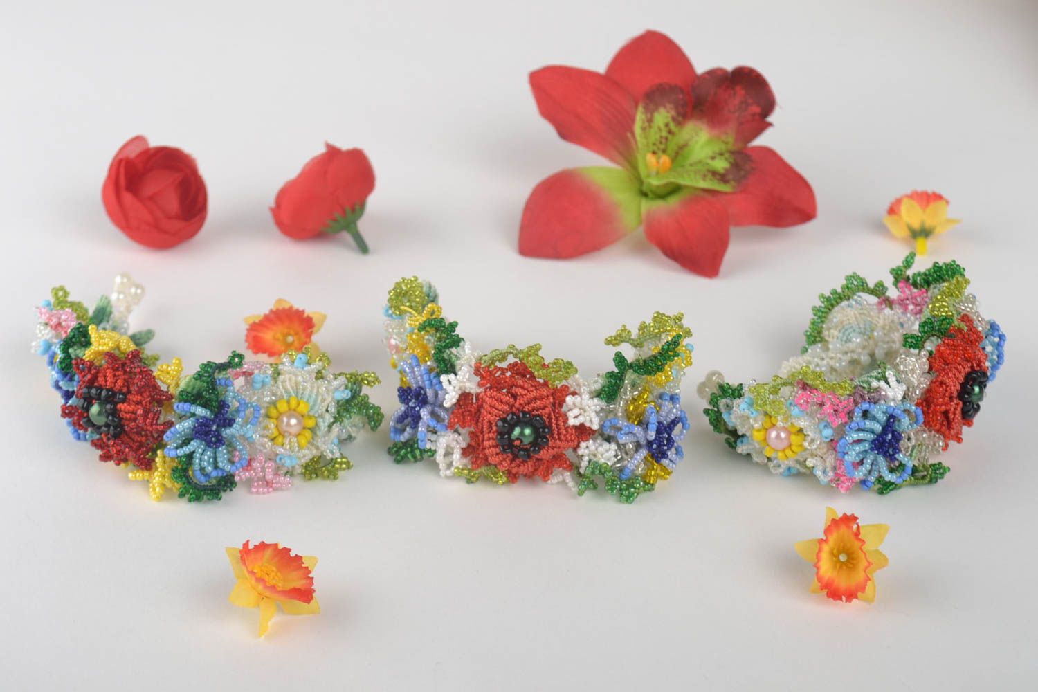 Woven set of bracelets textile handmade bracelets stylish jewelry 3 pieces photo 1
