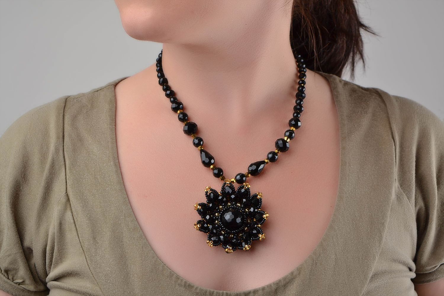 Black handmade unusual elegant necklace made of seed beads and natural stone photo 1