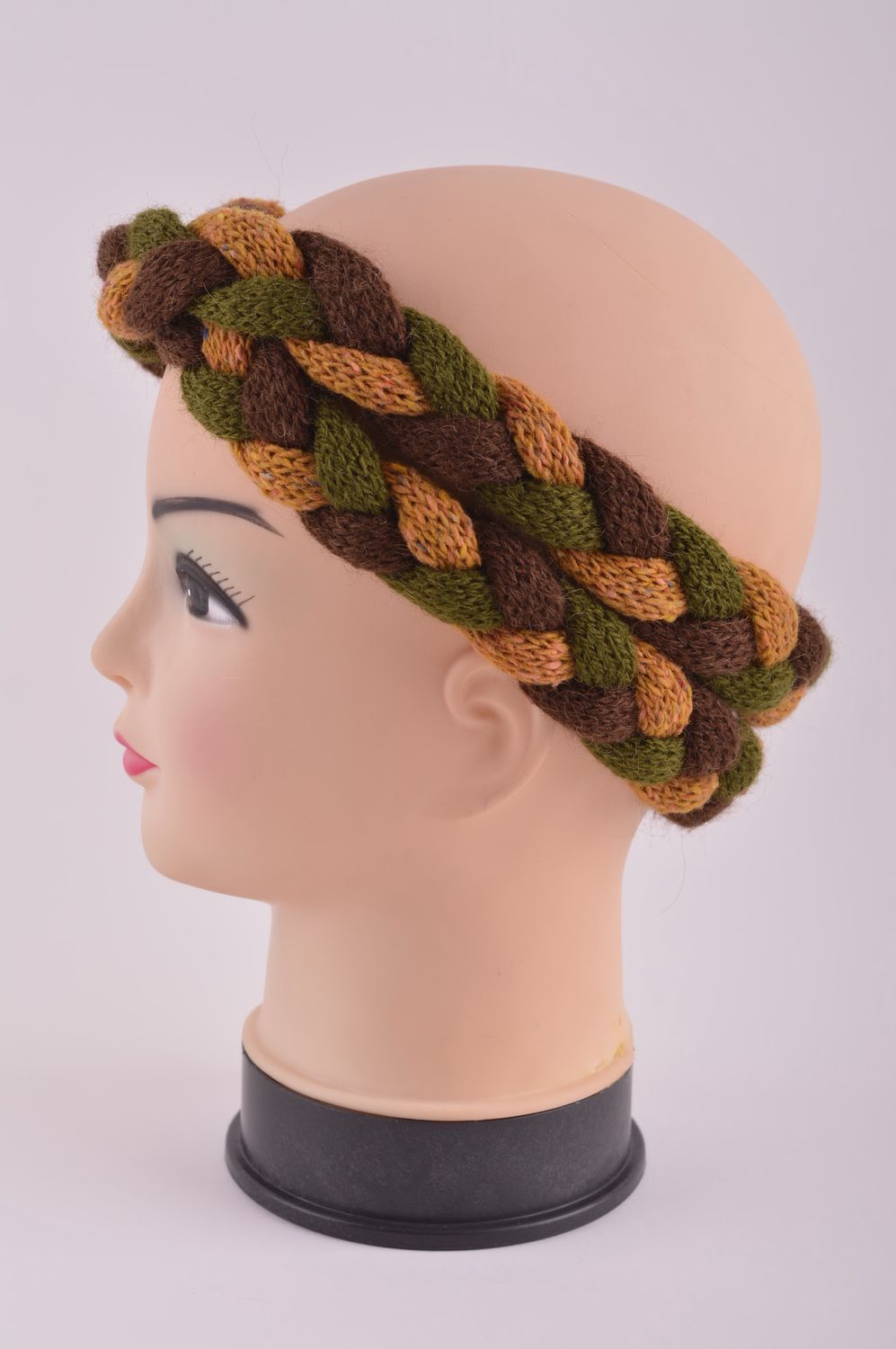 Bandeau cheveux tresse fait main vert-marron tricoté design Accessoire femme photo 3