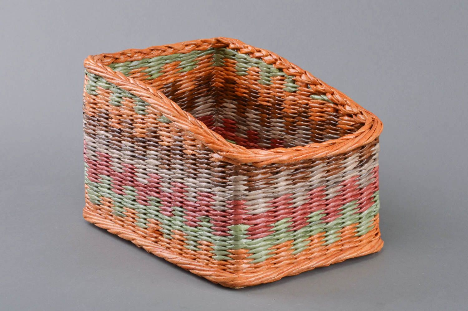 Handmade designer bright colorful decorative basket woven of paper tubes photo 1